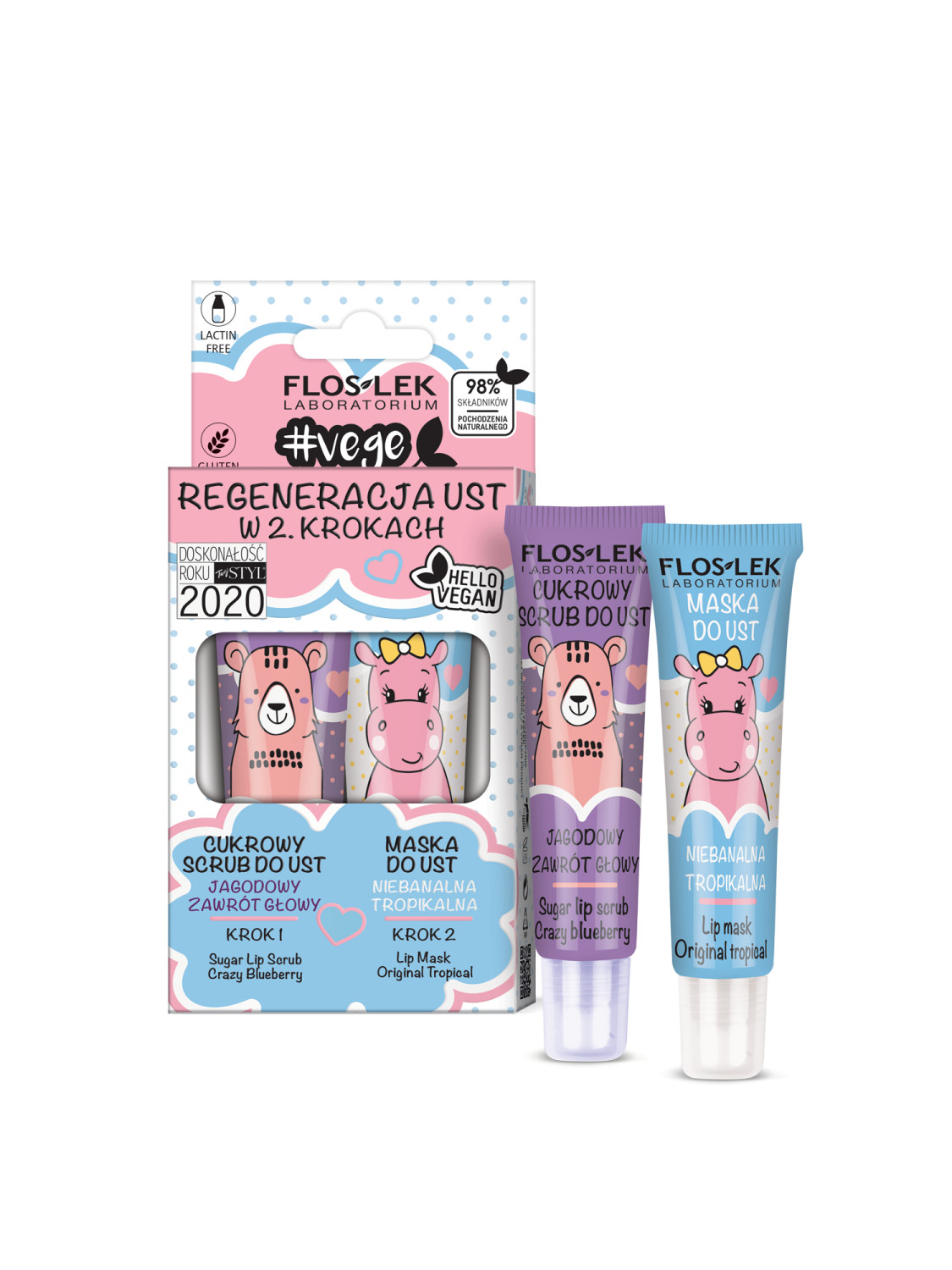 Floslek Vege Lip Care Lip regeneration in 2 steps (Sugar lip scrub Crazy blueberry + Lip mask Original tropical)
